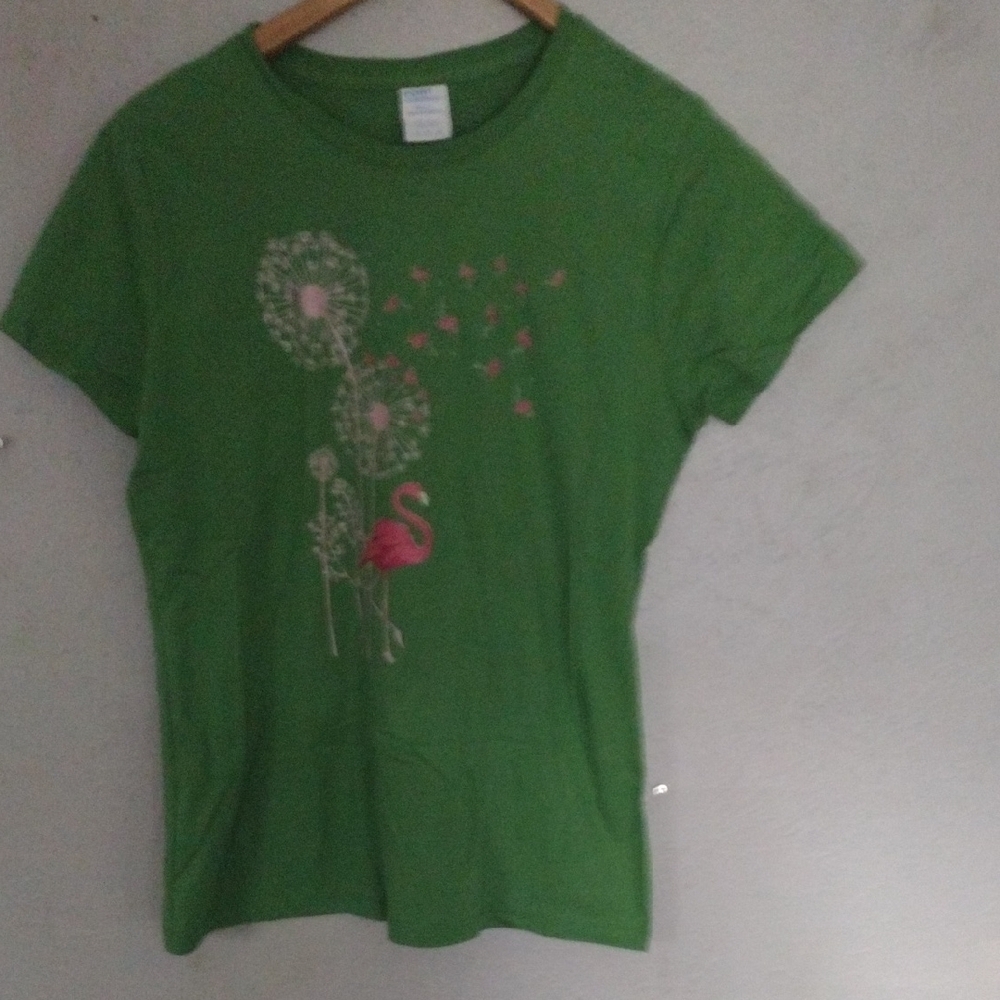 Green T-Shirt with Flamingo and Dandelion Design – Size M, Port & Company - Picture 3 of 7